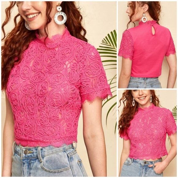 SHEIN Tops - Shein | Mock Neck Eyelash Lace Trim Crop Top